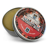 Aromastories Patchouli Musk body butter jar close-up showing rich, silky texture.