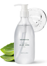AROMATICA Organic Aloe Vera Gel bottle showing pure, fragrance-free formula for after-sun care