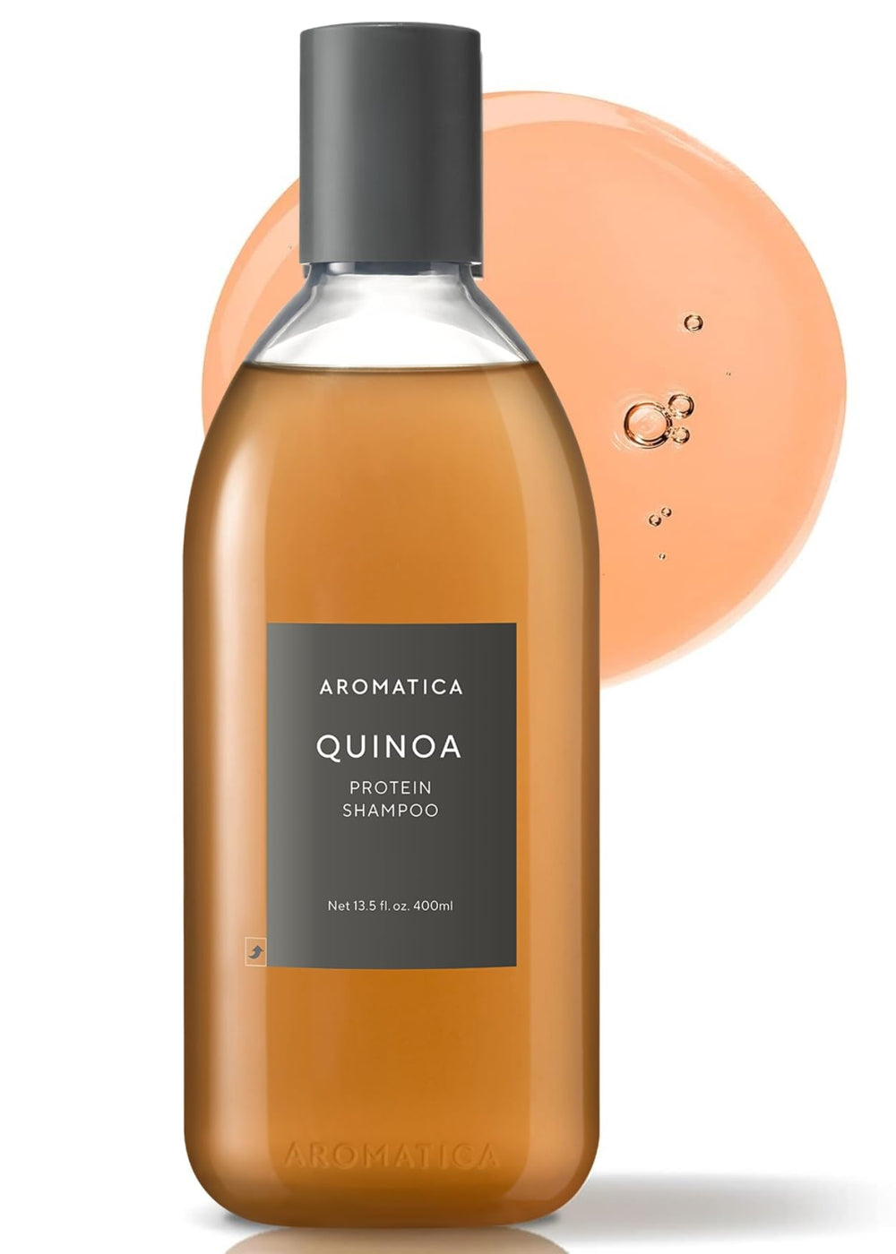 AROMATICA Quinoa Protein Shampoo bottle highlighting the protein-rich formula for damaged hair.