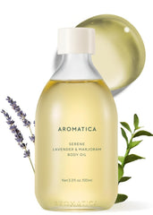 AROMATICA Serene Body Oil bottle pouring lavender for relaxation.