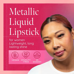 Aromi Alpine Bloom on lips demonstrates non-sticky metallic matte finish.
