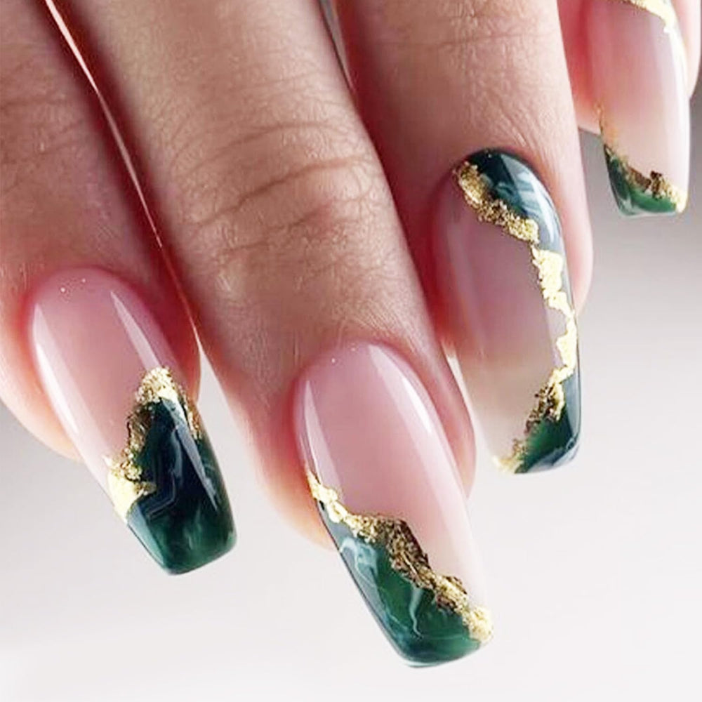 AROVFAM dark green press-on nails with marble glitter for long-lasting wear.