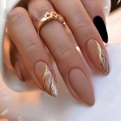 AROVFAM marble curve line nails in almond shape with brown glitter for at-home chic manicure