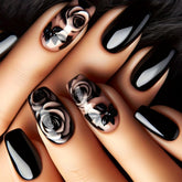 AROVFAM Rose Flower Press On Nails display glossy black rose design on coffin nails