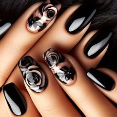 AROVFAM Rose Flower Press On Nails display glossy black rose design on coffin nails