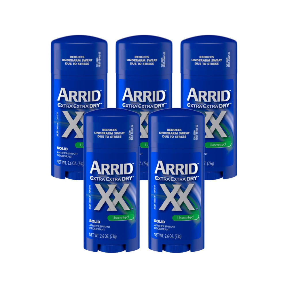 Arrid XX Extra Dry Solid unscented 2.6 oz pack5 for long-lasting dryness.