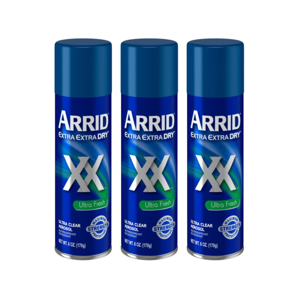 Arrid XX Ultra Clear spray bottle showing long-lasting protection and quick-dry feel