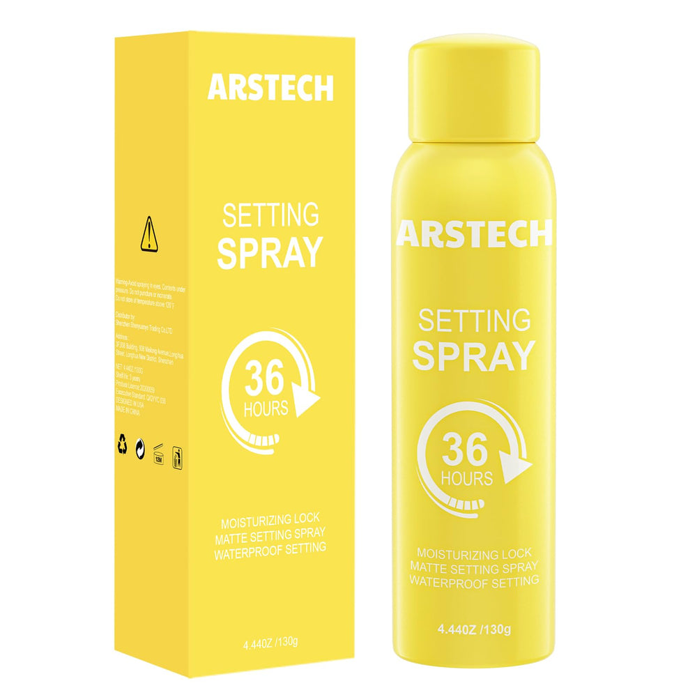 Arstech setting spray bottle-pump delivers all-day makeup hold with a refreshing lime scent.