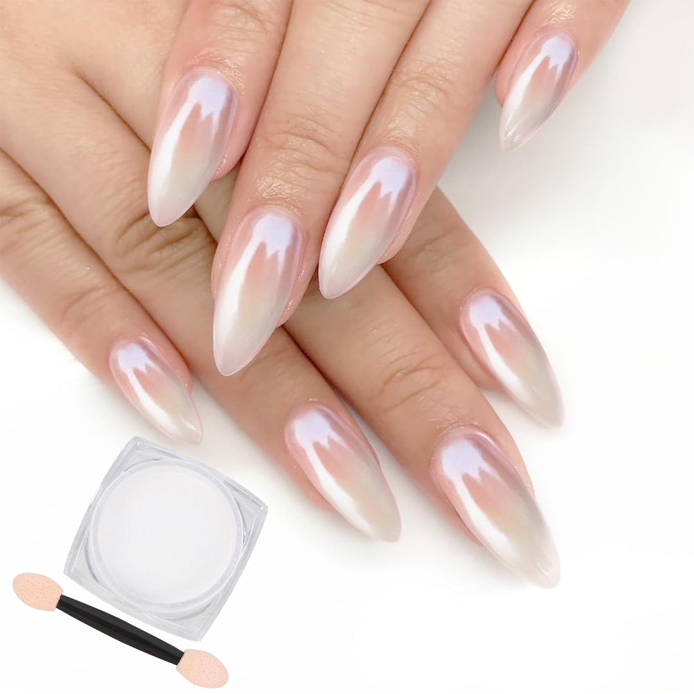 Artdone white pearl chrome powder bottle closeup showing mirror shine.
