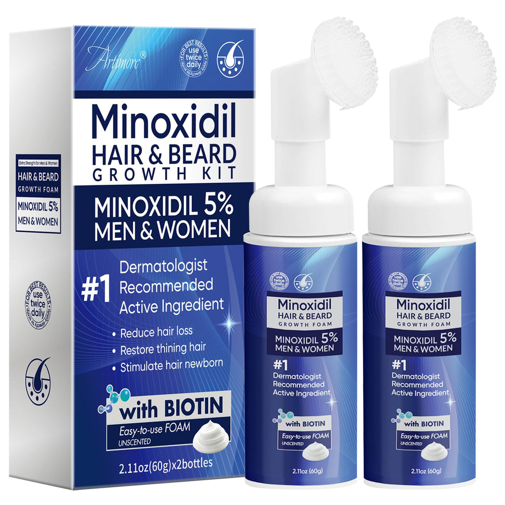 Artimore 5% Minoxidil Foam applied on scalp and beard for regrowth potential.