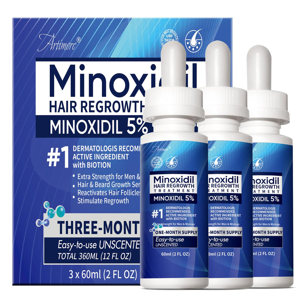Artimore Minoxidil 5% bouteille goutte avec application ciblée sur cuir chevelu, bénéfice potentiel