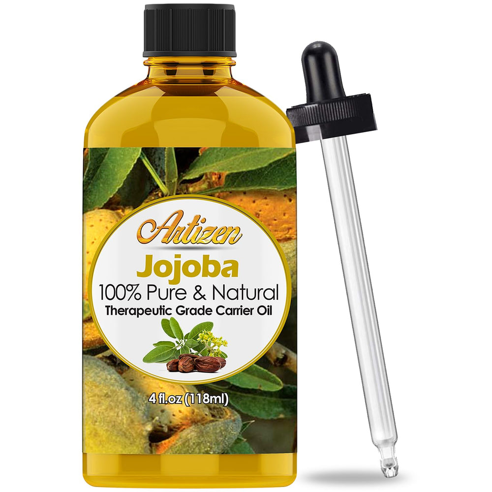 Artizen Jojoba Oil 4oz bottle pours smoothly for daily skin and hair hydration.
