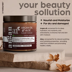 Artnaturals Argan Hair Mask ingredients close-up with jojoba oil and aloe vera.