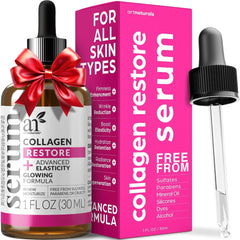 Artnaturals Collagen Booster Serum bottle close-up shows hydrating skincare benefits.