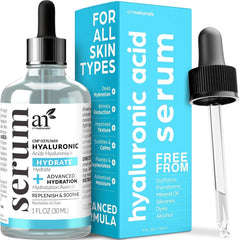 ArtNaturals Hyaluronic Acid Serum bottle on a vanity for deep hydration.