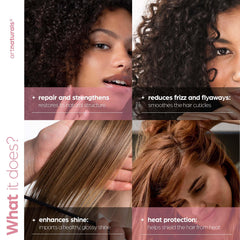 Closeup of ArtNaturals Keratin Hair Oil bottle highlights glossy strands.