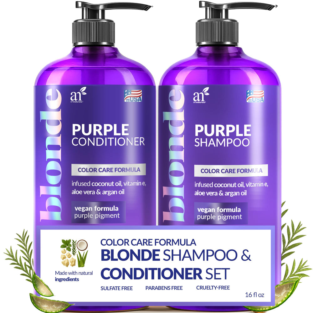 Artnaturals Purple Shampoo bottle front view boosts color longevity for bleached hair.