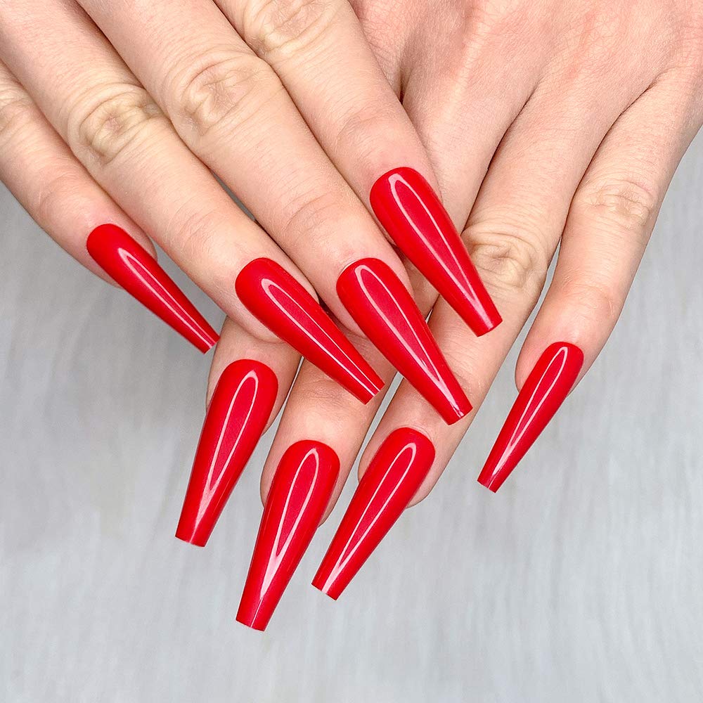 Artquee red ballerina nails with glossy full-cover finish for at-home manicures.
