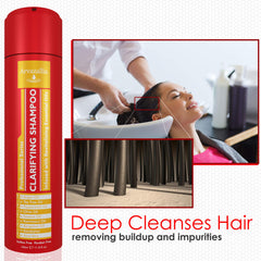 Arvazallia Clarifying Shampoo label highlights essential oil blend for nourishment.
