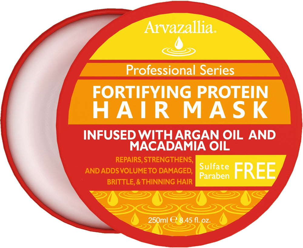 Arvazallia Fortifying Protein Hair Mask bottle delivers conditioning and strength.