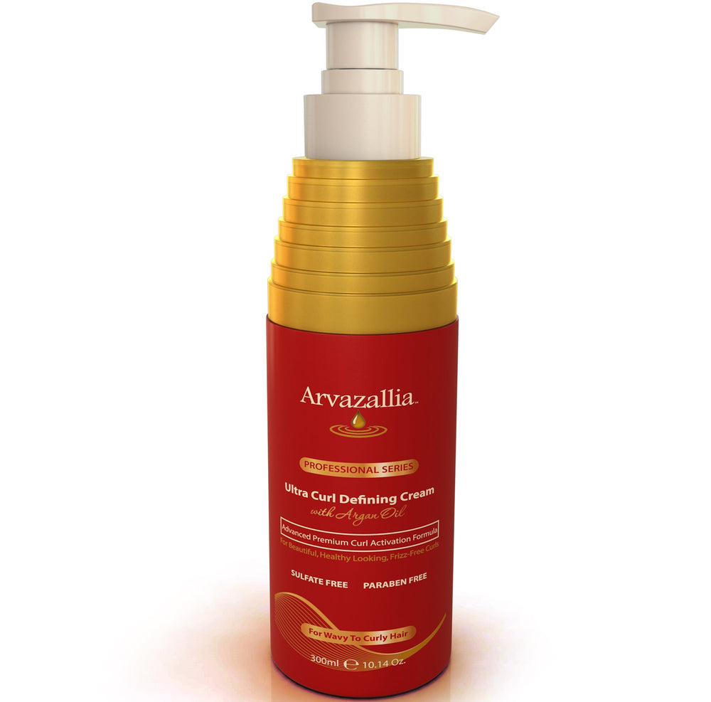Arvazallia Ultra Curl Cream bottle pour showing easy application for defined waves.