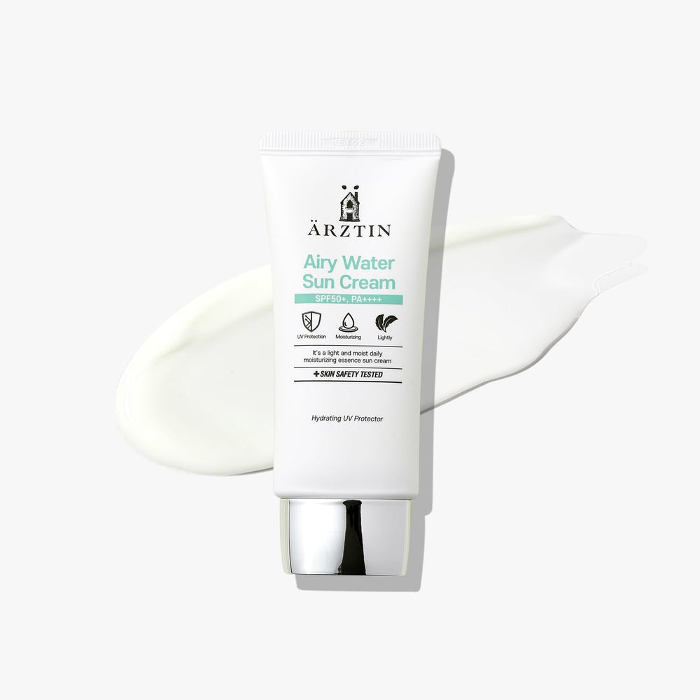 ARZTIN Airy Water Sun Cream bottle pour shows quick, even coverage for daily sunscreen.