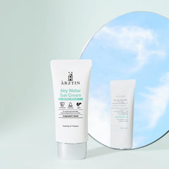 ARZTIN Airy Water Sun Cream texture close-up highlights a smooth, non-sticky finish for comfortable wear.