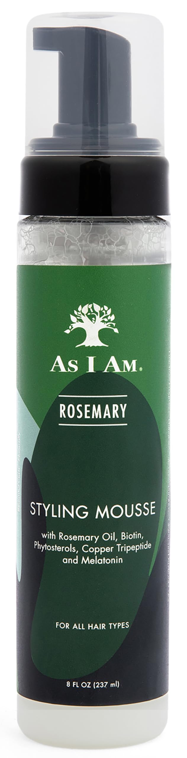 As I Am Rosemary Styling Mousse bottle with pump for easy, flexible hold.