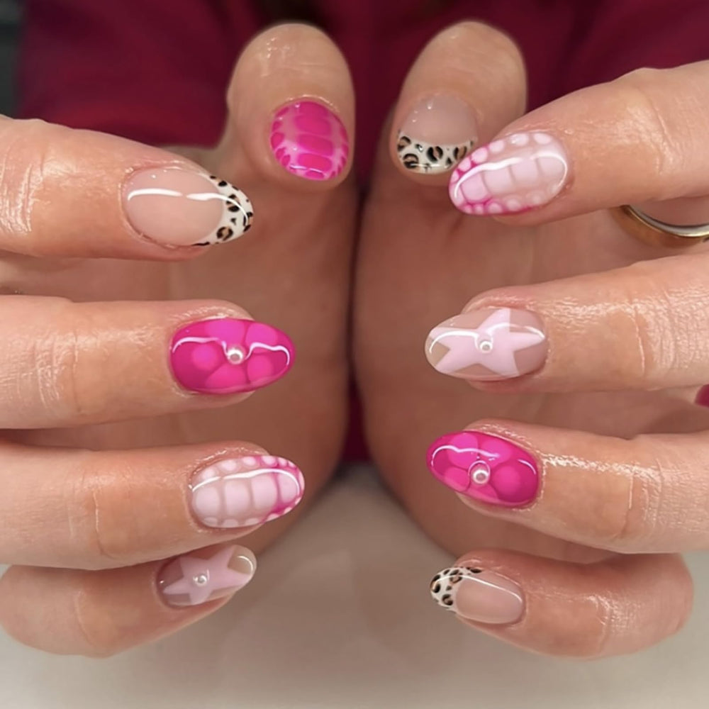 ASABITE 24Pcs almond press-on nails with floral and leopard designs for salon-style nails at home