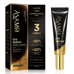 ASAMO Retinol and Caffeine Eye Serum bottle shows fast-absorbing formula for the under-eye area.