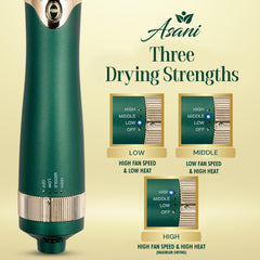 Interchangeable heads enable drying, curling, and straightening.