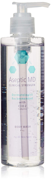 Aseptic MD Body Wash bottle pouring for fragrance-free cleansing on sensitive skin
