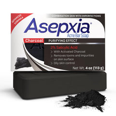 Asepxia salicylic acid charcoal bar soap closeup highlighting pore cleansing and oil control