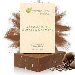 Aspen Kay Naturals coffee oatmeal exfoliating soap with coffee grounds and oats for gentle exfoliation.
