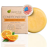 Aspen Kay Naturals Lemongrass conditioner bar packaging highlights natural ingredients and eco-friendly design for all hair types