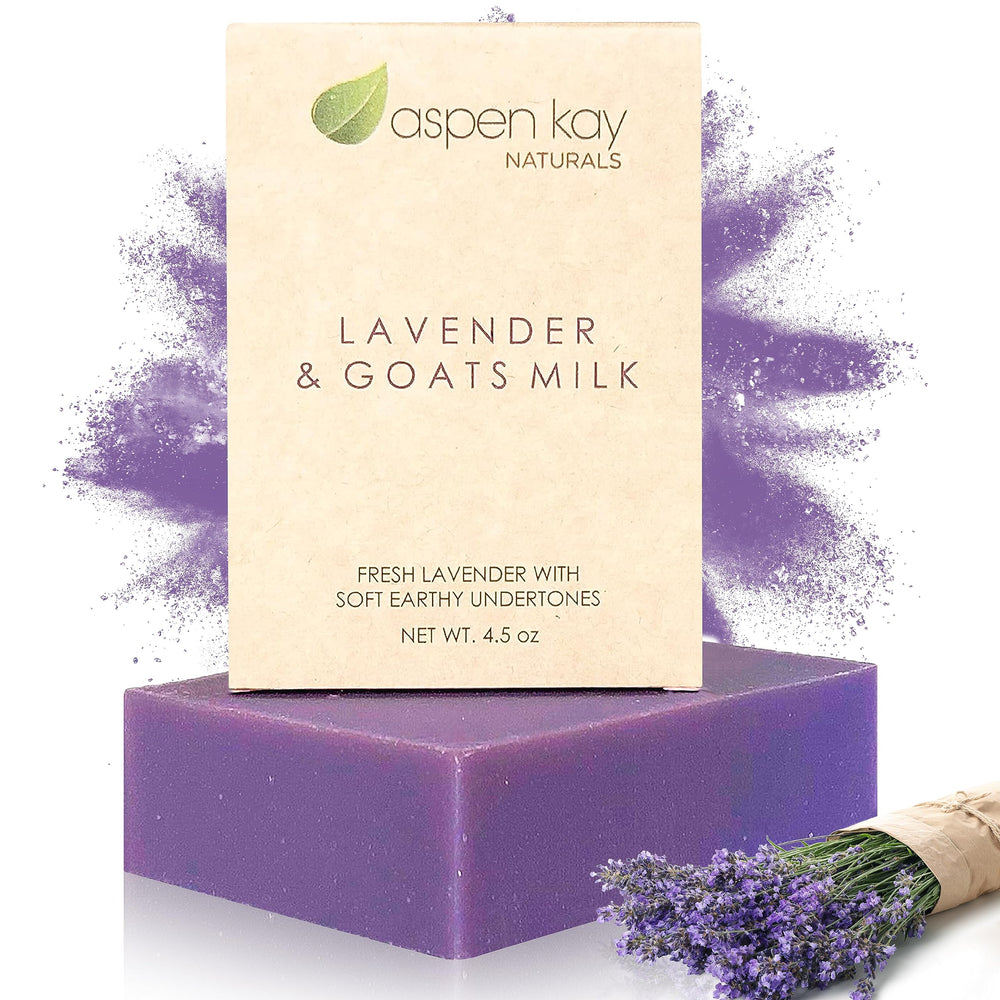 Aspen Kay Naturals Lavender Goats Milk Soap Bar front view, gentle cleansing for face and body.