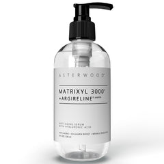 Asterwood Matrixyl 3000 + Argireline serum bottle in fragrance-free packaging for sensitive skin.