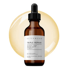 Asterwood Triple Repair Serum bottle close-up with fragrance-free packaging for sensitive skin.