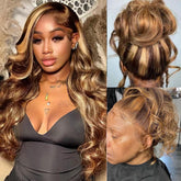 Atilck 360 lace front honey blonde ombre wig in 22 inch with natural-looking hairline.