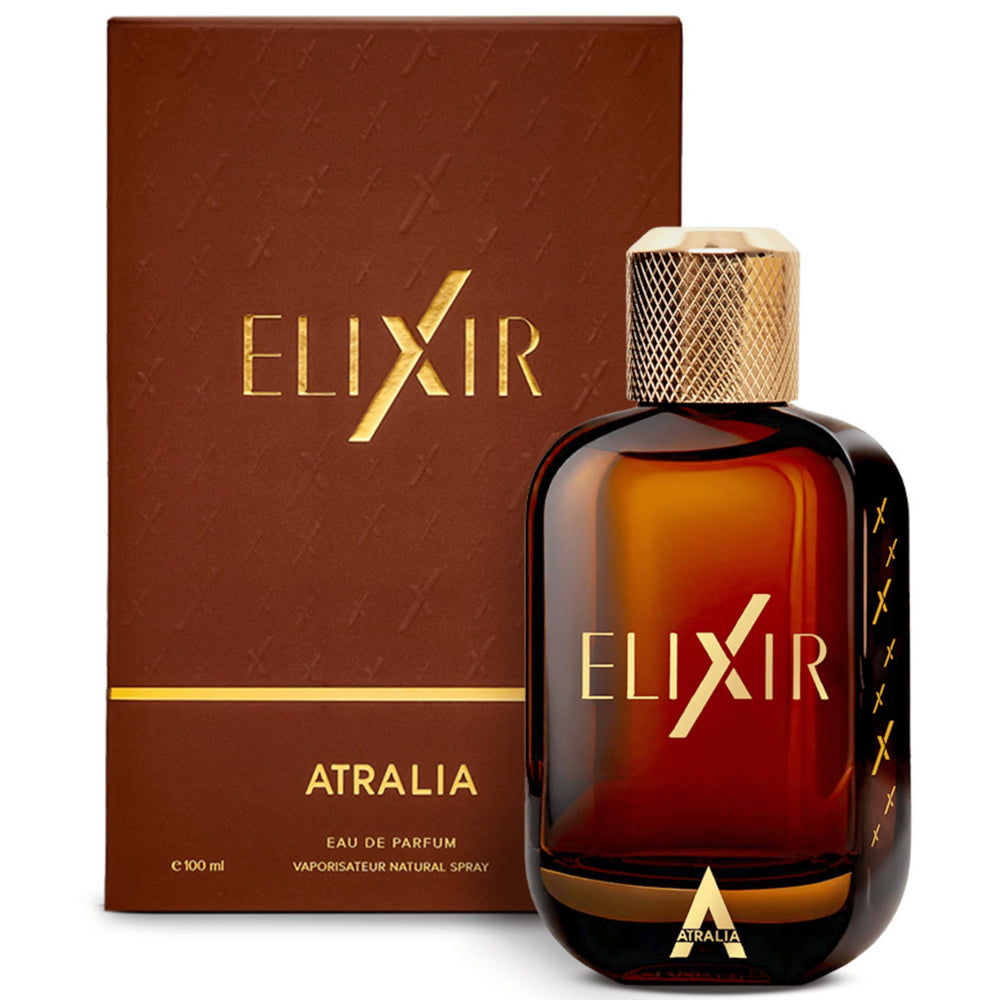 Atralia Elixir bottle front view highlighting premium branding and timeless elegance.
