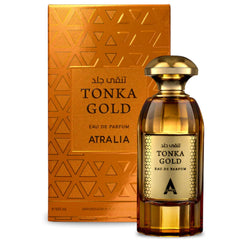 Atralia Tonka Gold bottle front view, luxurious centerpiece for evening wear.