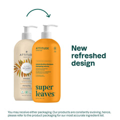 ATTITUDE Volume and Shine Shampoo label close-up highlighting natural-origin ingredients