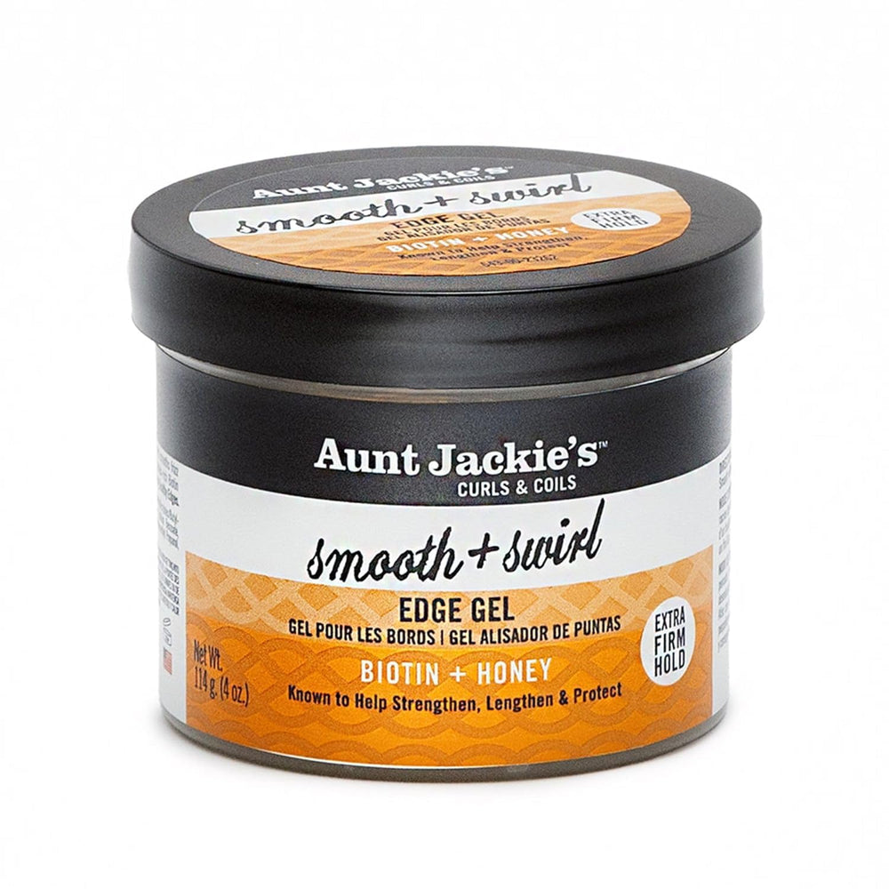 Aunt Jackie’s Smooth + Swirl Edge Gel bottle pour for precise edge control and shine