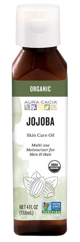 Aura Cacia Jojoba Oil bottle for sensitive skin and clean beauty blends