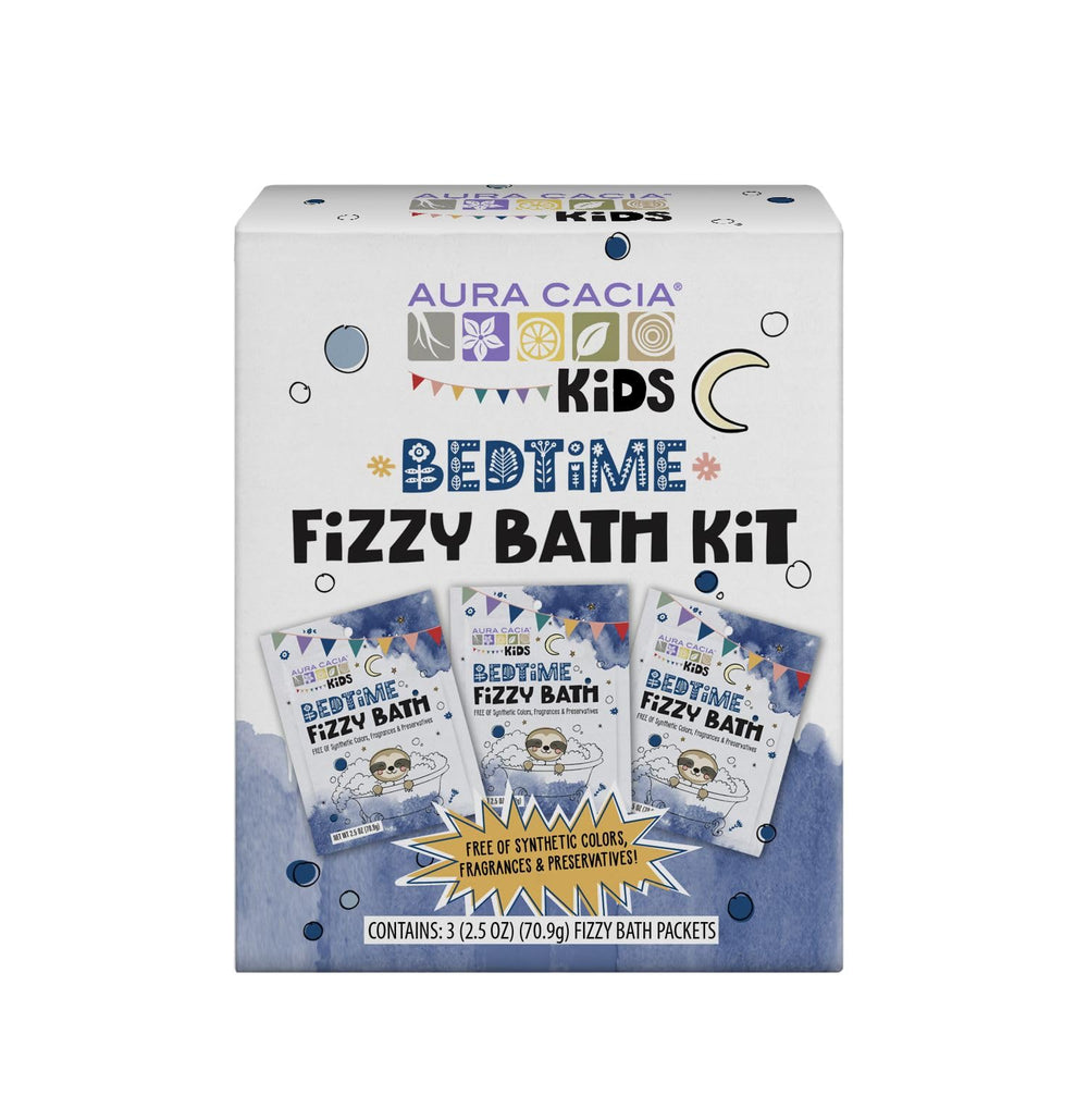 Aura Cacia Kids Bedtime Fizzy Bath Kit packaging showcases a kid-friendly, calming bath routine.