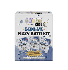 Aura Cacia Kids Bedtime Fizzy Bath Kit packaging showcases a kid-friendly, calming bath routine.