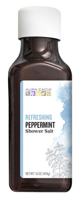 Aura Cacia Peppermint Shower Salts bottle closeup showing natural ingredients and aroma.