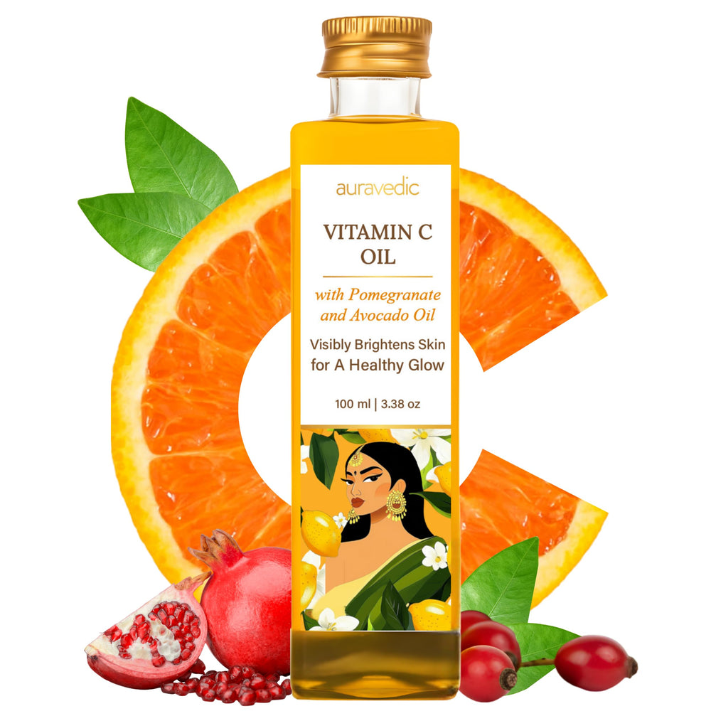 Auravedic Vitamin C Face Oil bottle on a clean surface, showcasing hydration.