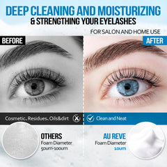 Salon-use cleanser scene with professional toolkit and lashes.