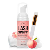 AuReve lash shampoo bottle close-up showing oil-free lash extension cleansing
